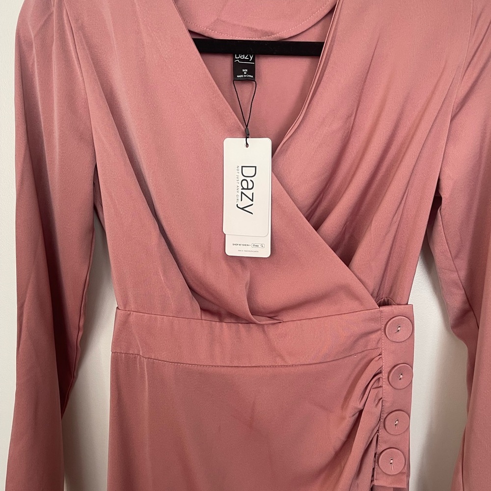 Dazy Long Sleeve Pink Button Dress